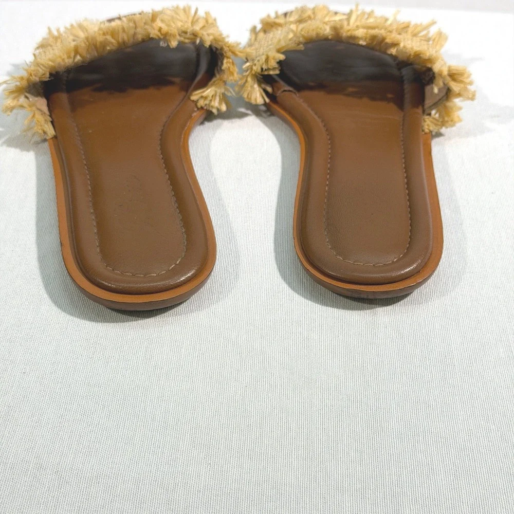 J.Crew Sorrento Raffia Fringe Slide Sandals Tan Brown Leather Size 8‎
